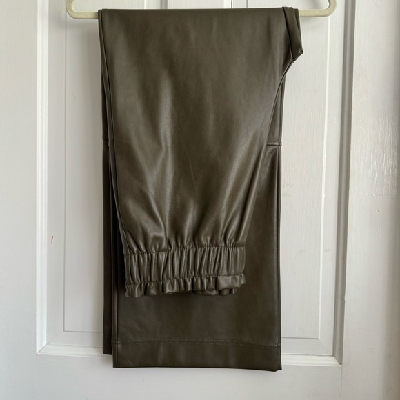 Anthro olive faux leather pant wide leg lounge pant trouser style elastic waist - Picture 7 of 11